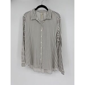 Grand & Greene Womens Large White Black Striped Rayon Button Down Shirt Blouse